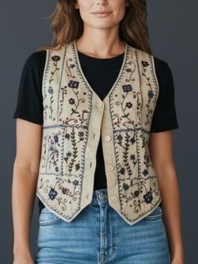 Bobbie Brooks Tan Beige Embroidered Floral Vest